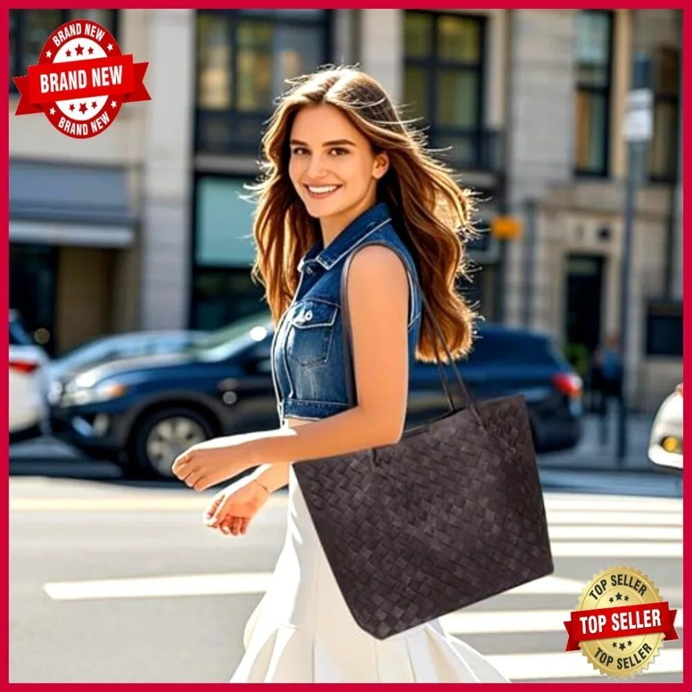 Large Woven Leather Tote Bag with Bonus Pouch, Spacious Work Handbag